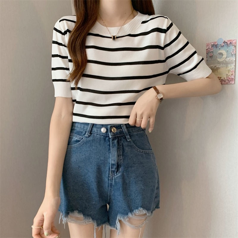 Color Contrast All-match Stripe Basic Knitted Top