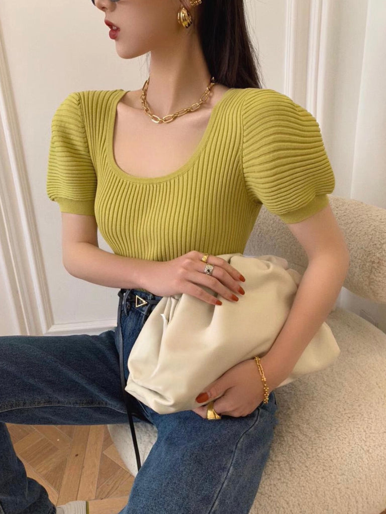 Square Neck Puff Sleeve Knitted Top