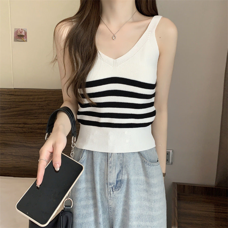 Solid & Stripe V-neck Knitted Camisole Top