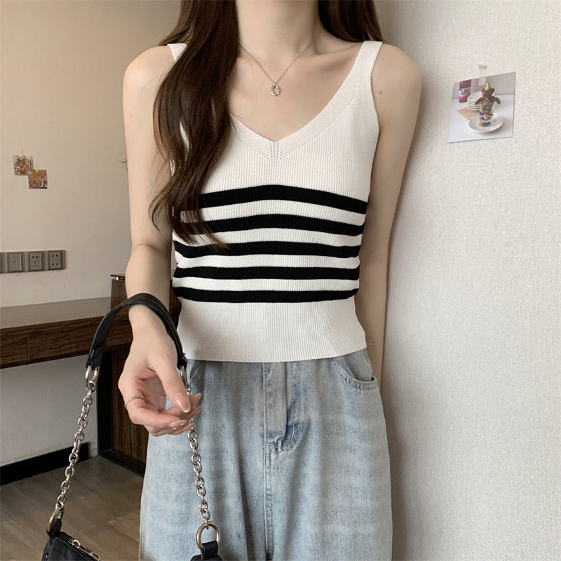 Solid & Stripe V-neck Knitted Camisole Top