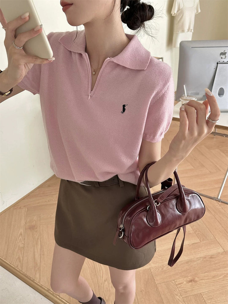 Zipper Collar Neck Embroidery Oversize Knitted Top