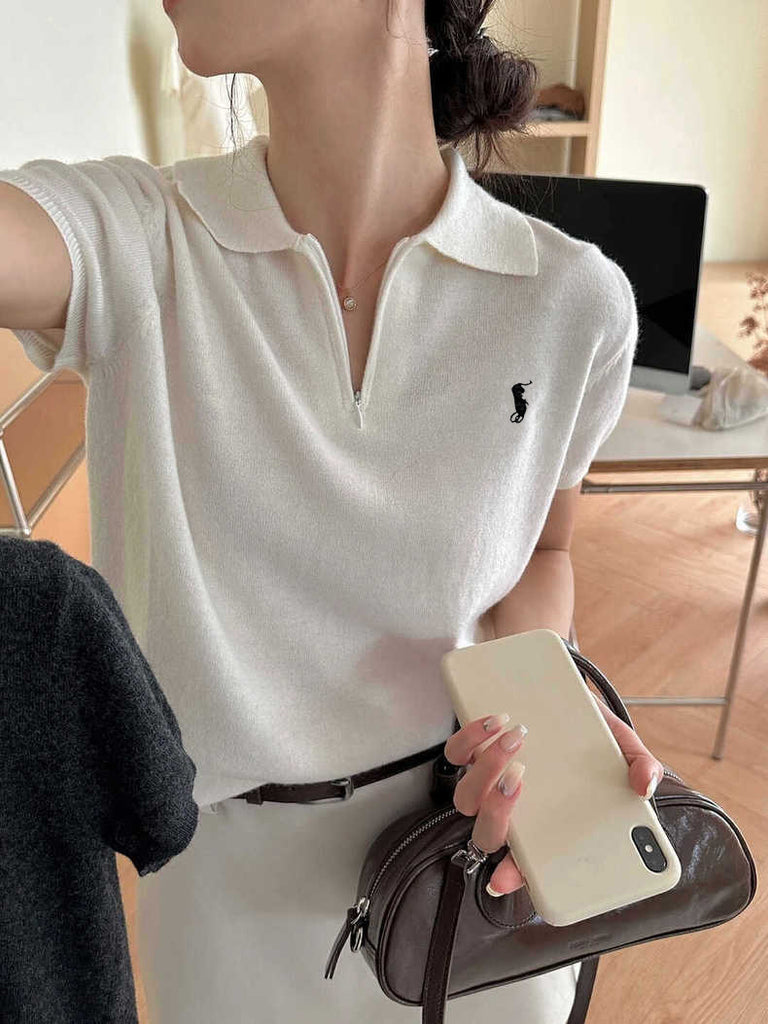 Zipper Collar Neck Embroidery Oversize Knitted Top
