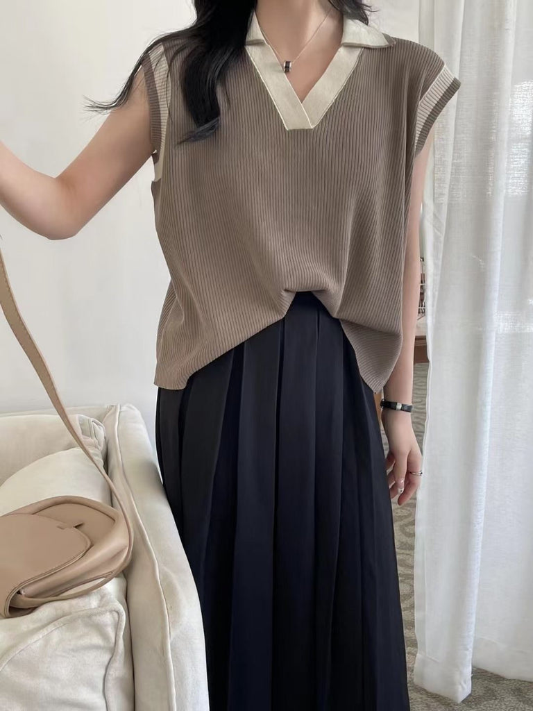 Polo V-neck Two Tone Oversize Knitted Top