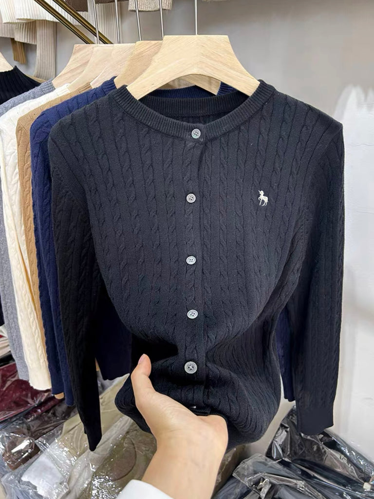 Button Down Long Sleeve Embroidery Braided Pattern Knitted Cardigan Top