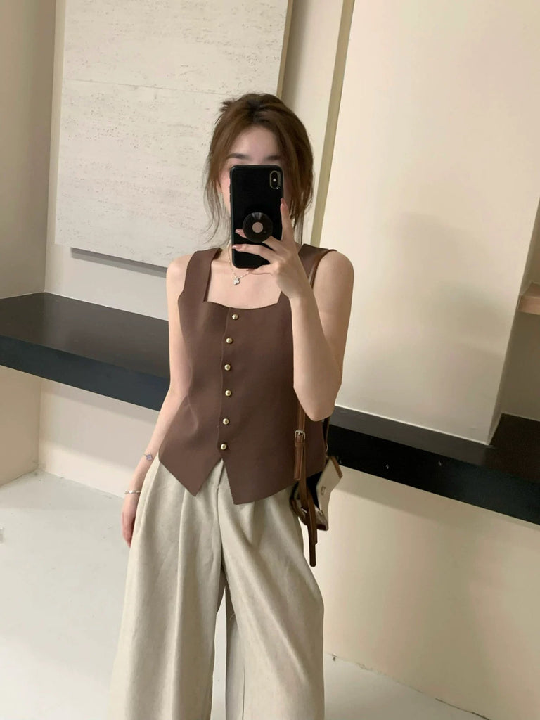 Square Neck Button Down Sleeveless Knitted Vest Top