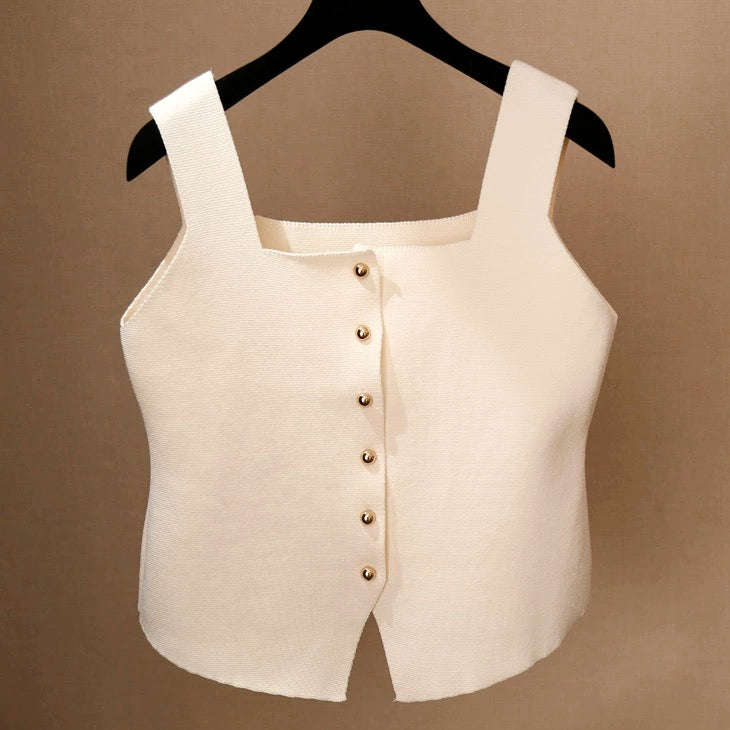 Square Neck Button Down Sleeveless Knitted Vest Top