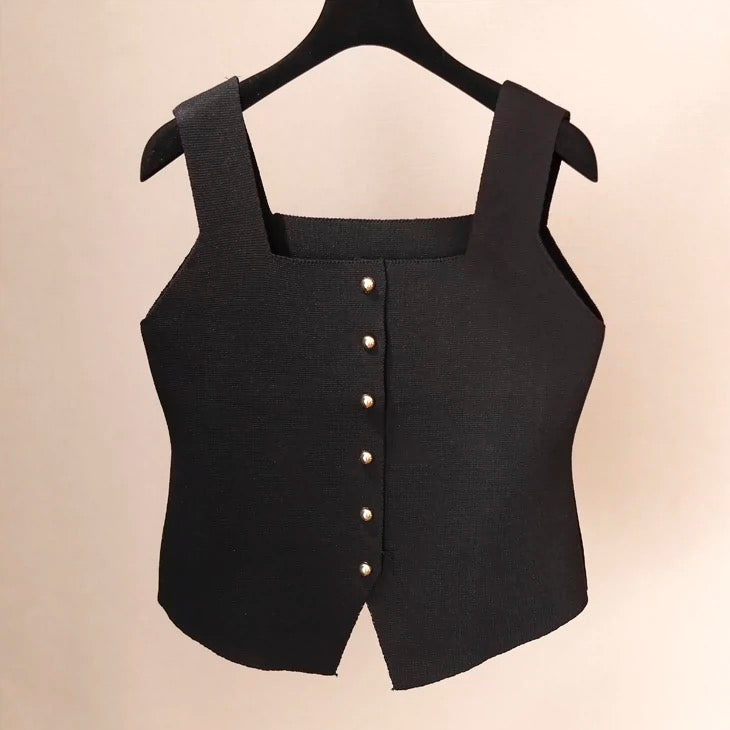 Square Neck Button Down Sleeveless Knitted Vest Top