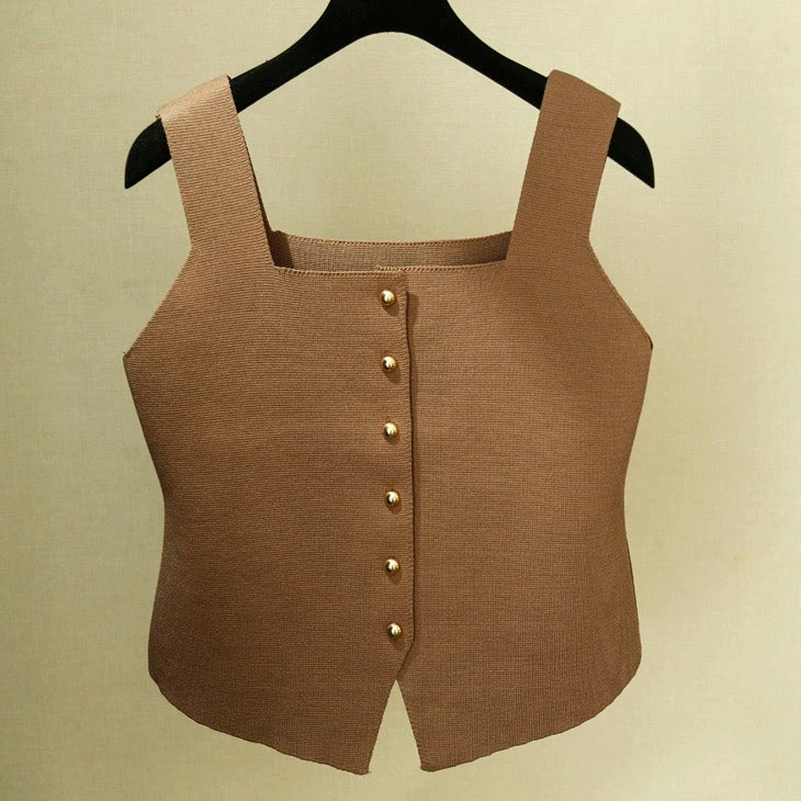 Square Neck Button Down Sleeveless Knitted Vest Top