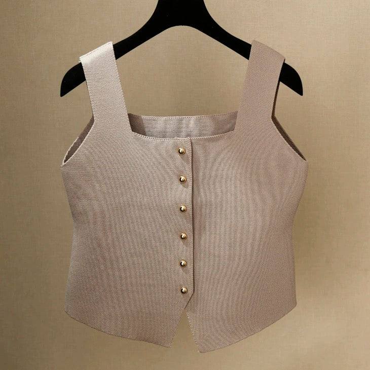 Square Neck Button Down Sleeveless Knitted Vest Top