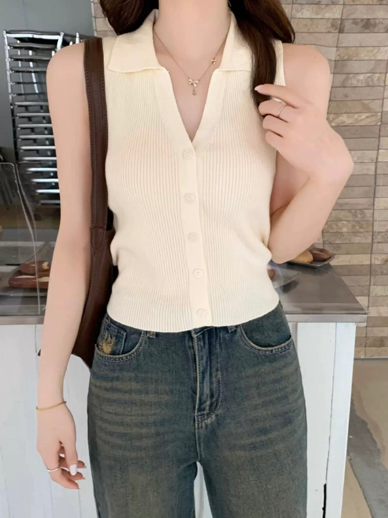 Button Down Collar Neck Slim Fit Knitted Top