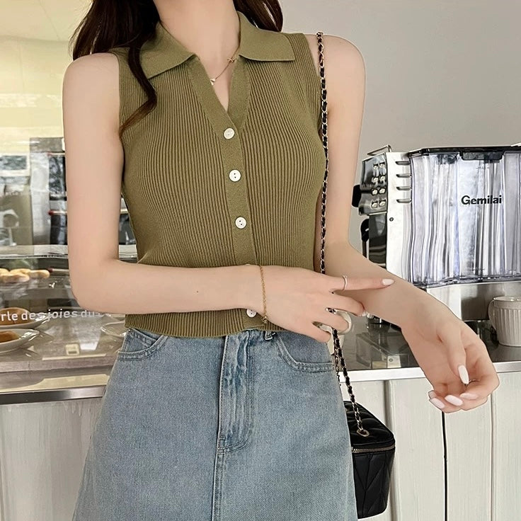 Button Down Collar Neck Slim Fit Knitted Top