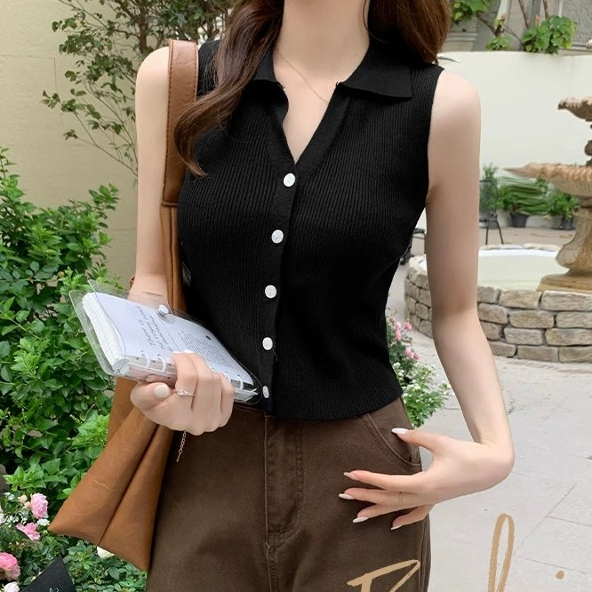 Button Down Collar Neck Slim Fit Knitted Top