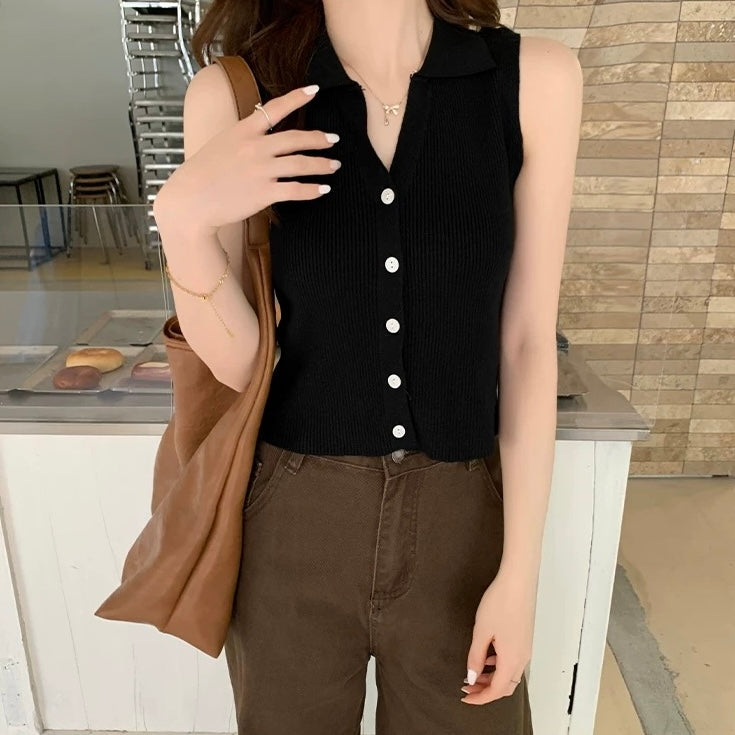 Button Down Collar Neck Slim Fit Knitted Top