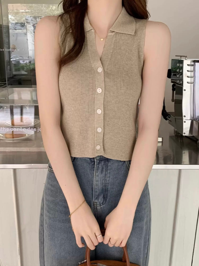 Button Down Collar Neck Slim Fit Knitted Top