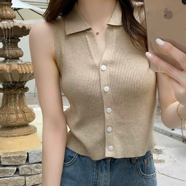 Button Down Collar Neck Slim Fit Knitted Top