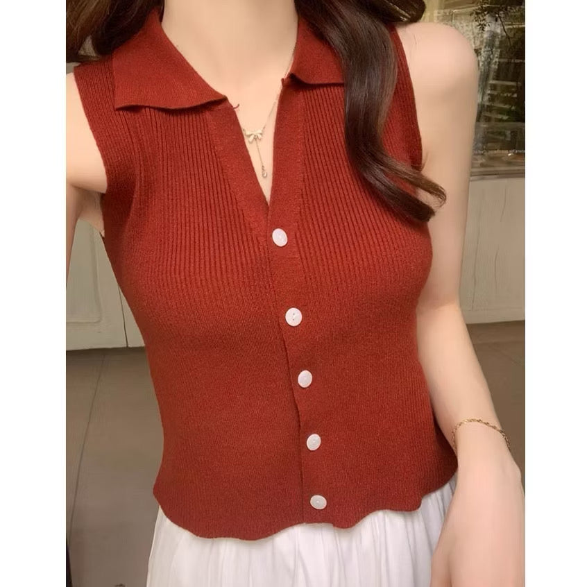 Button Down Collar Neck Slim Fit Knitted Top