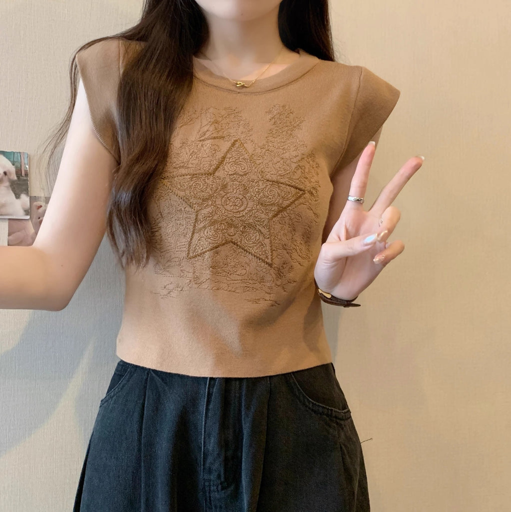 Embroidery Star & Tree Pattern Patch Sleeve Soft Knitted Top