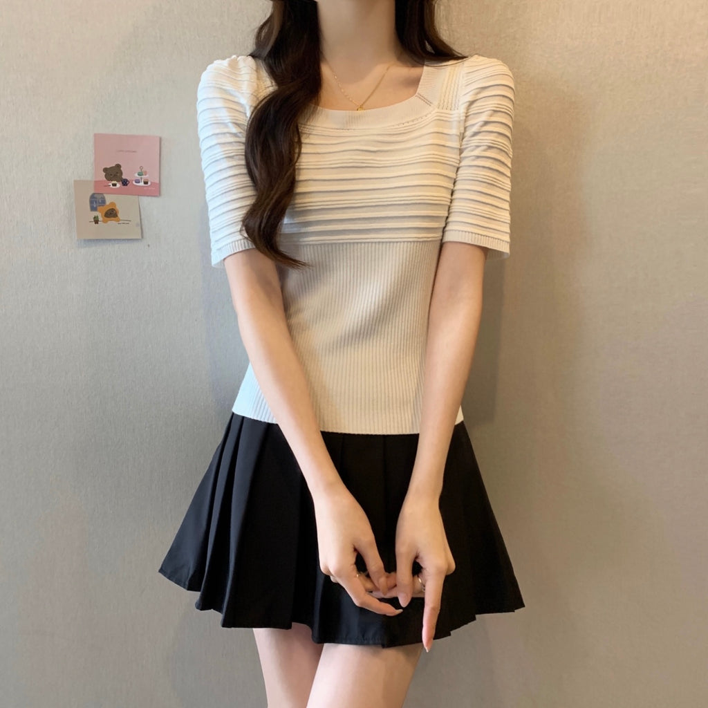 Square Neck Embossed Pattern Puff Sleeve Knitted Top