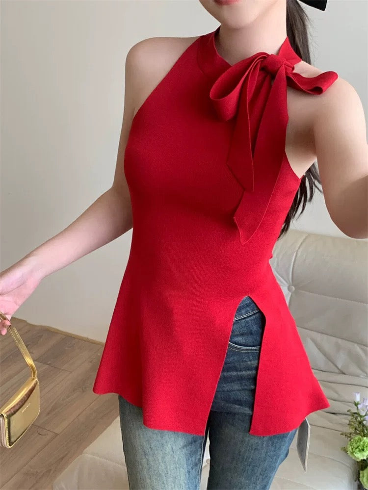 Sleeveless Ribbon Bowknot Neck Side Slit Knitted Top