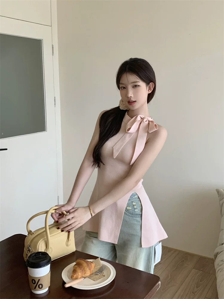 Sleeveless Ribbon Bowknot Neck Side Slit Knitted Top