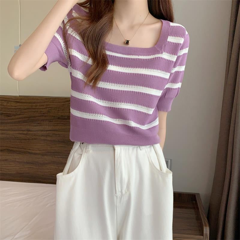 Square Neck Eyelet Patten Stripe Knitted Top