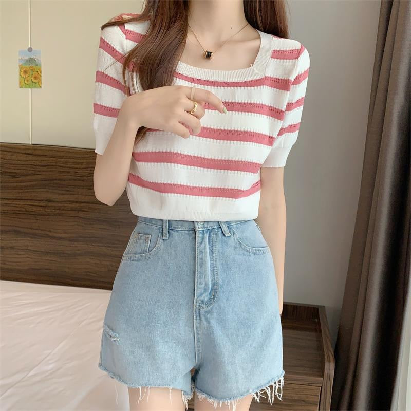 Square Neck Eyelet Patten Stripe Knitted Top