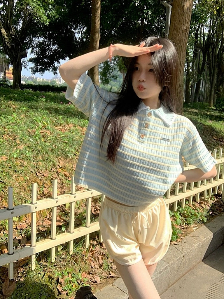 Button Up Collar Neck Embossed Pattern Stripe Loose Knitted Top
