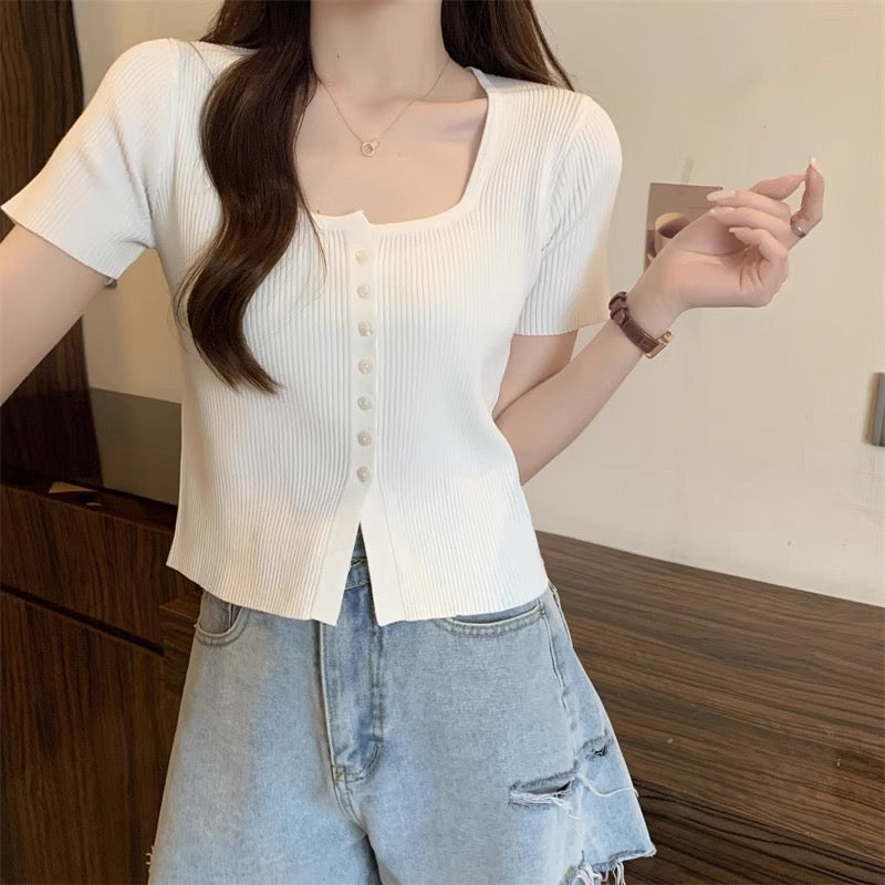 Square Neck Button Down Knitted Top