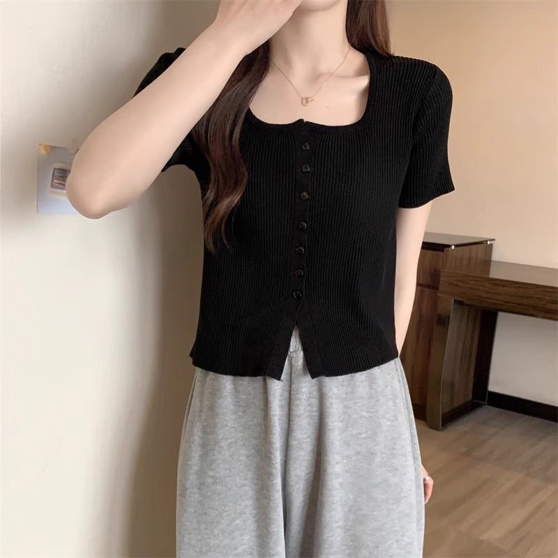 Square Neck Button Down Knitted Top