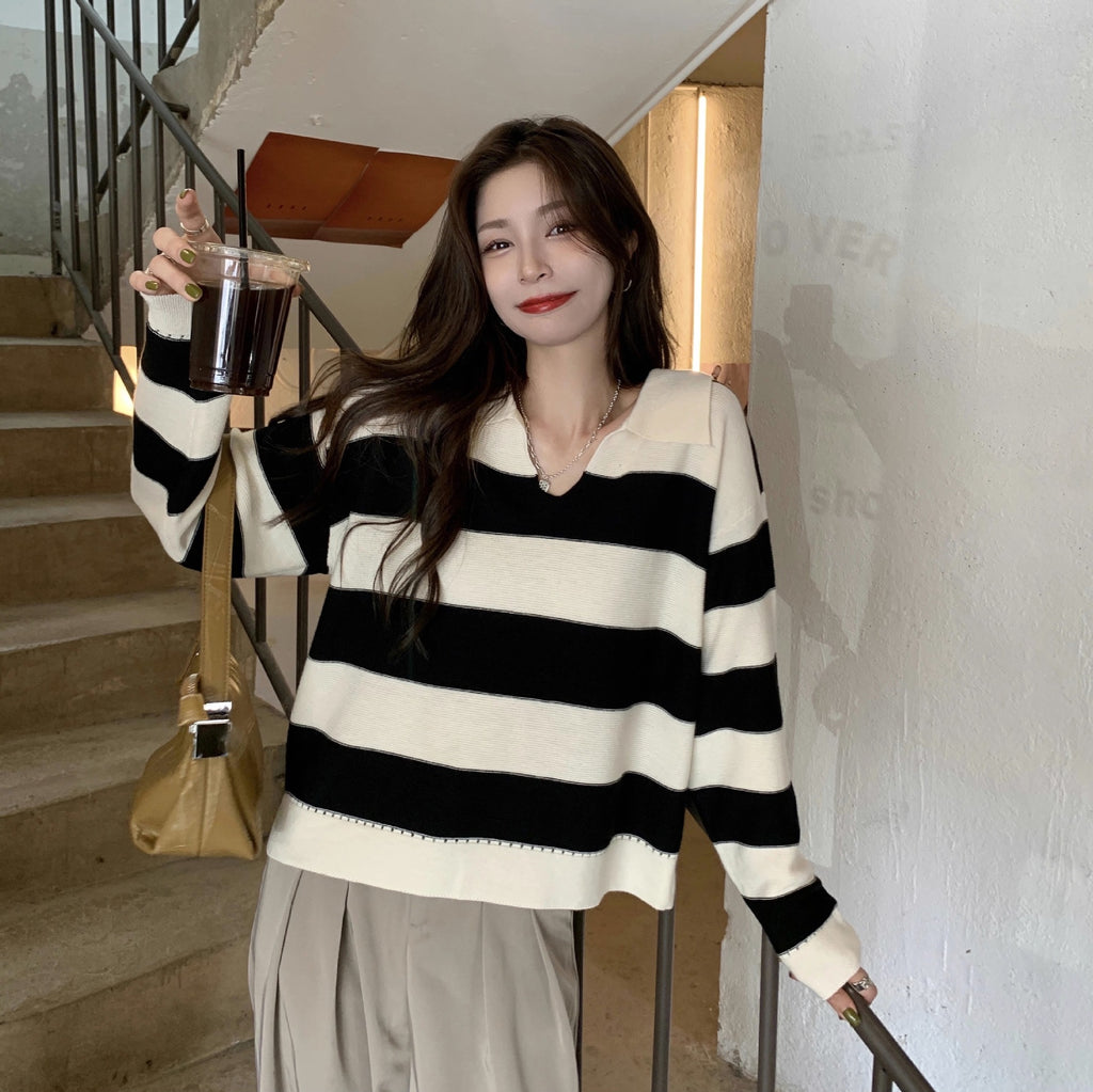 Stripe Collar Polo Neck Long Sleeve Knitted Top