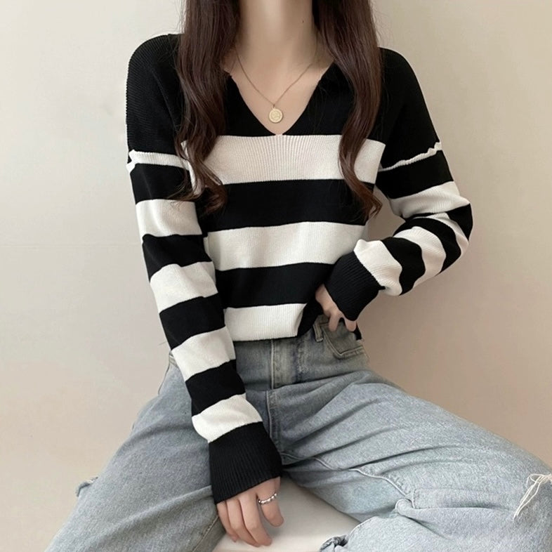 Stripe Collar Polo Neck Long Sleeve Knitted Top