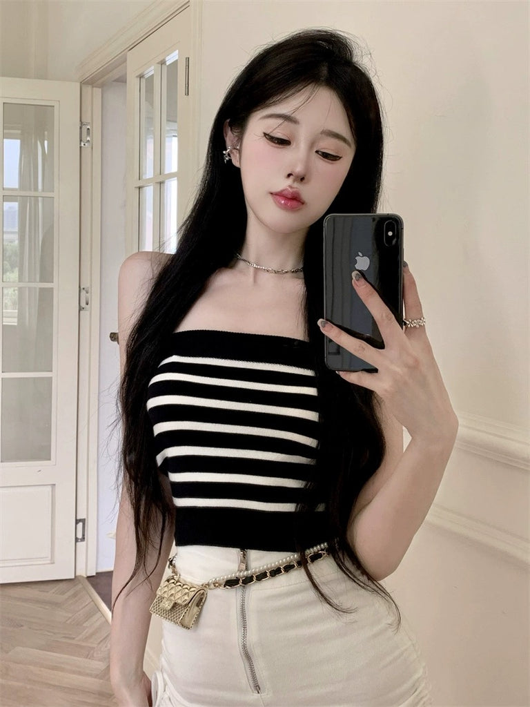 Stripe Off Shoulder Knitted Tube Top