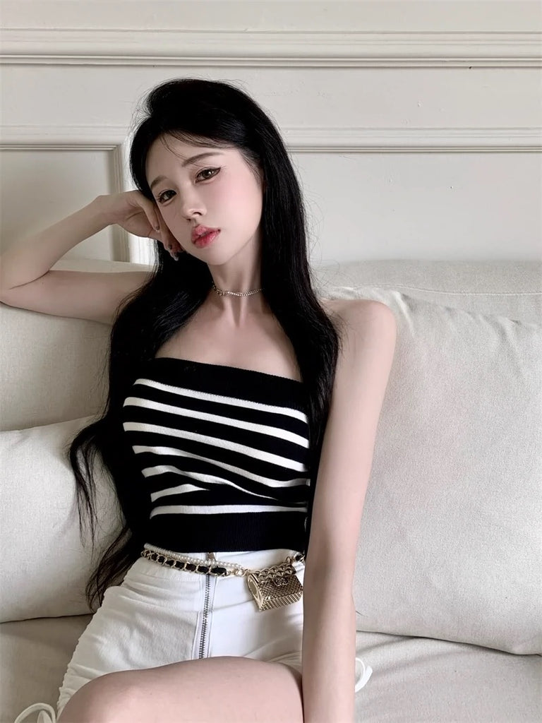 Stripe Off Shoulder Knitted Tube Top