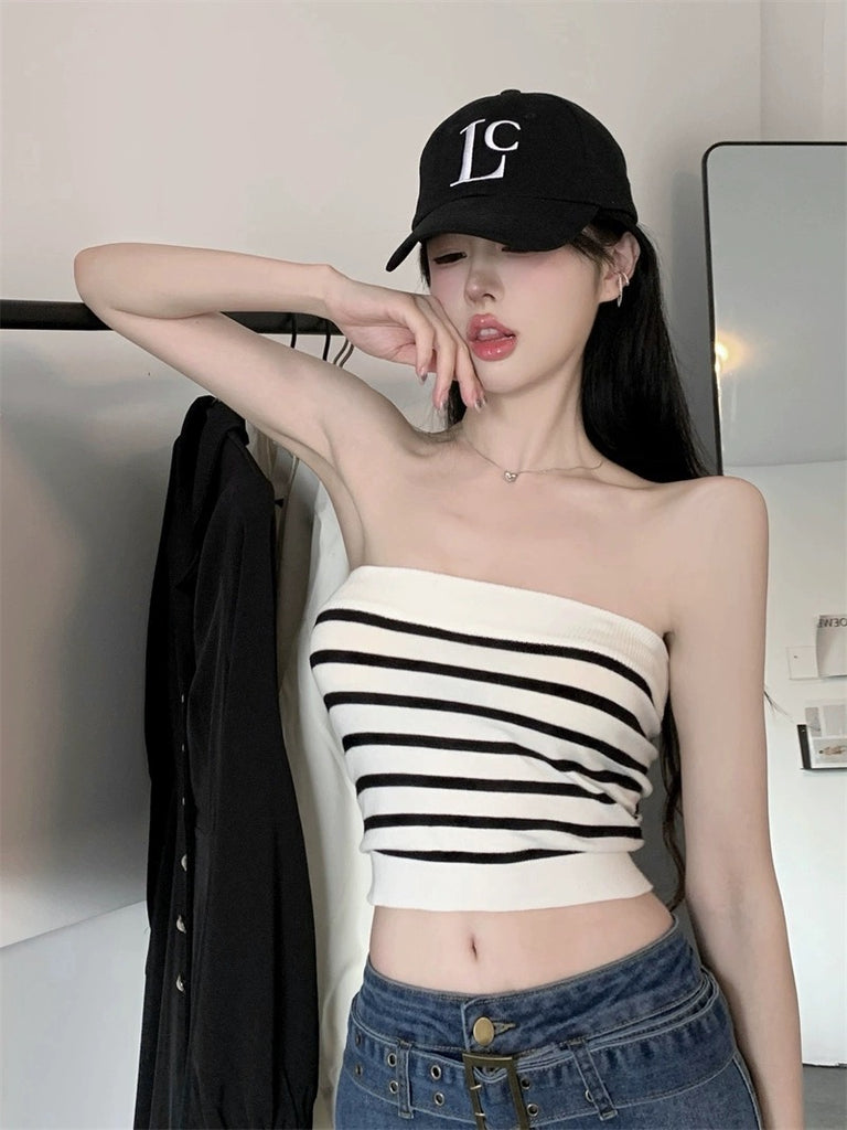 Stripe Off Shoulder Knitted Tube Top