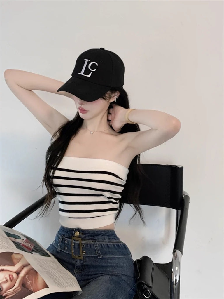 Stripe Off Shoulder Knitted Tube Top