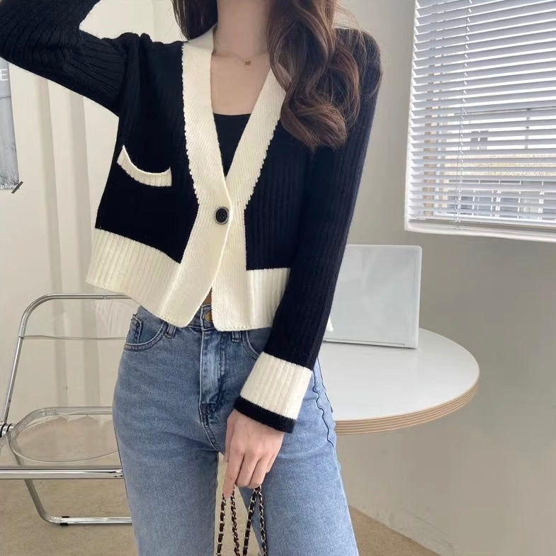 One Button Fake Pocket Long Sleeve Knitted Cardigan Top
