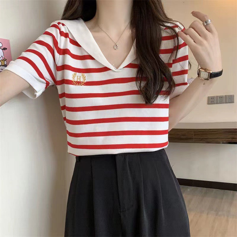 College Style Embroidered Logo Stripe Cape Collar Loose Knitted Top