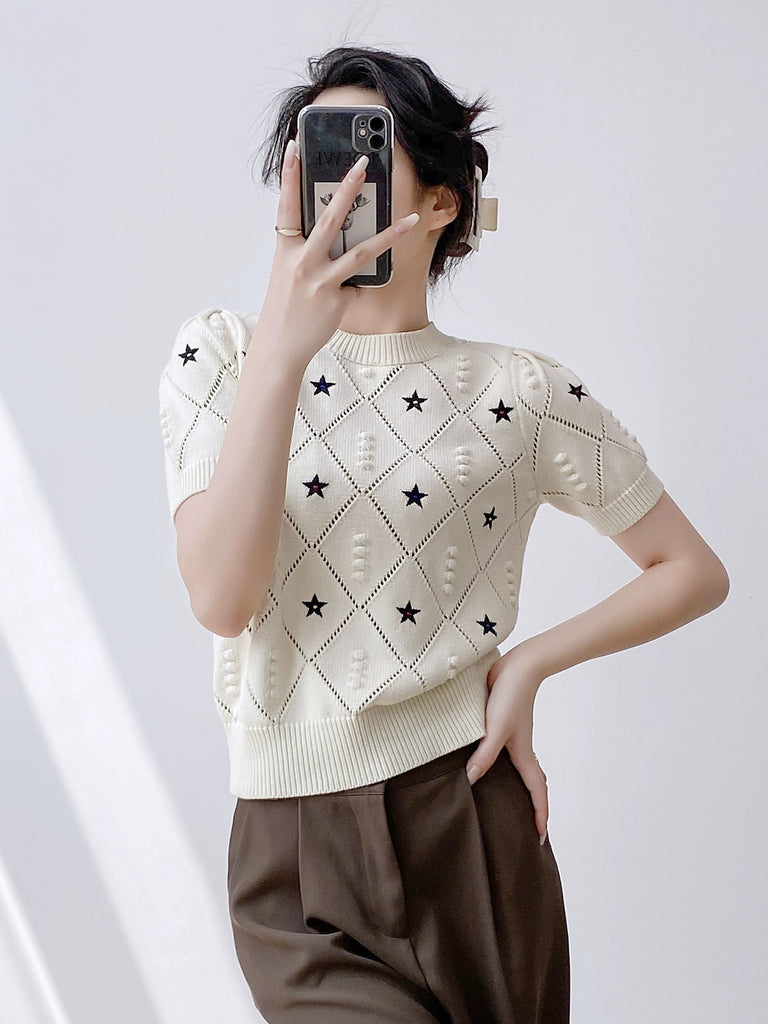 Embroidery Star Embossed Pattern Knitted Oversize Top