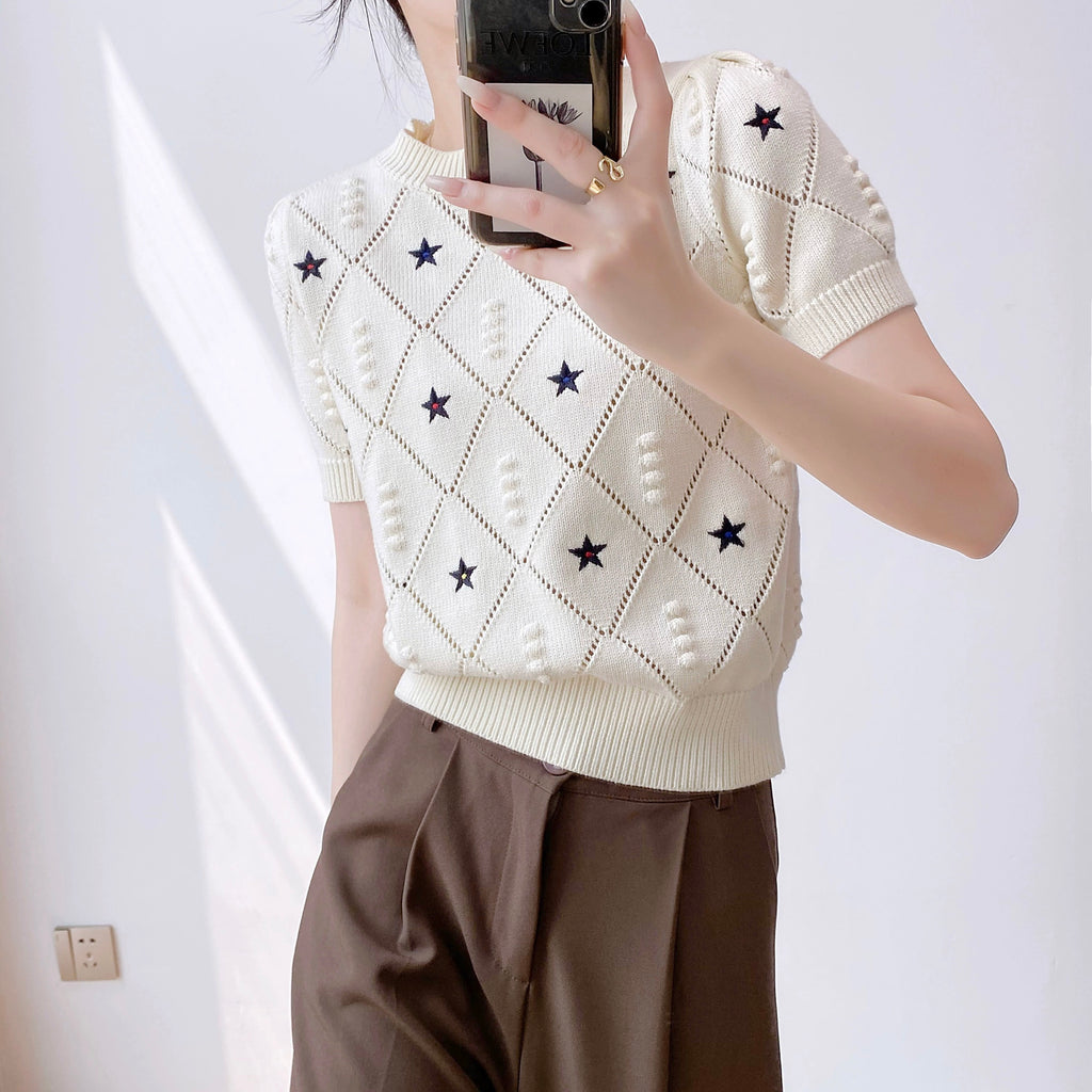 Embroidery Star Embossed Pattern Knitted Oversize Top