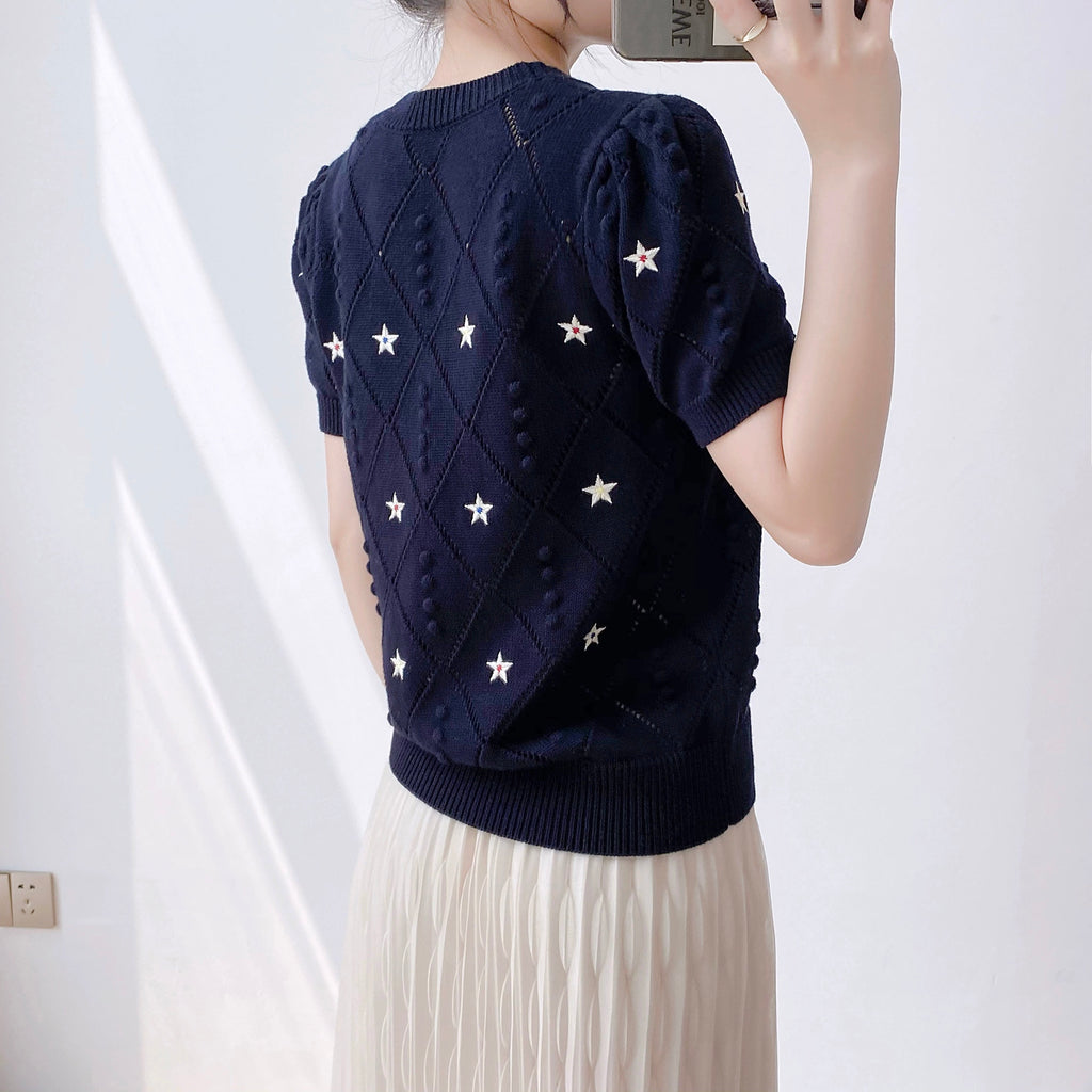 Embroidery Star Embossed Pattern Knitted Oversize Top