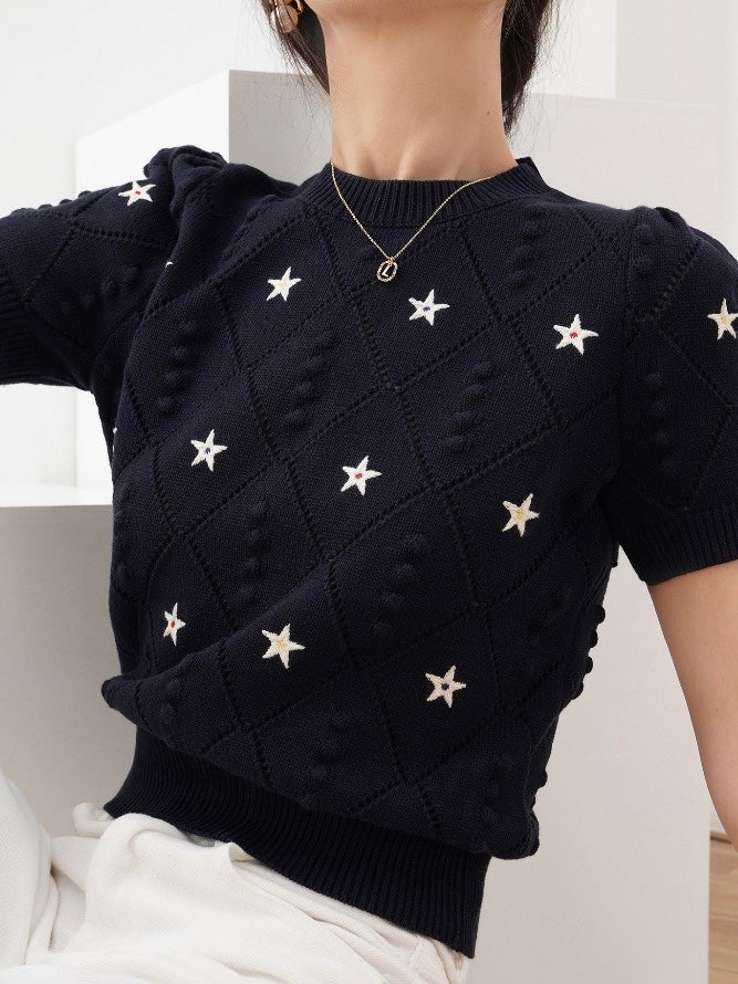 Embroidery Star Embossed Pattern Knitted Oversize Top