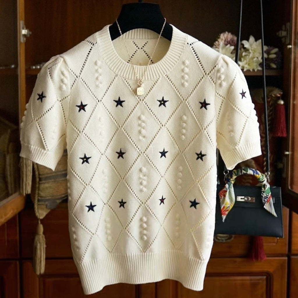 Embroidery Star Embossed Pattern Knitted Oversize Top