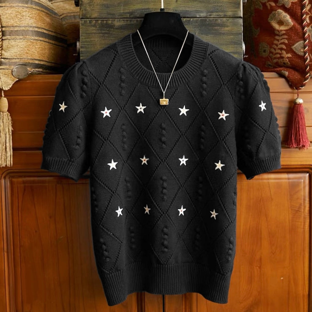 Embroidery Star Embossed Pattern Knitted Oversize Top