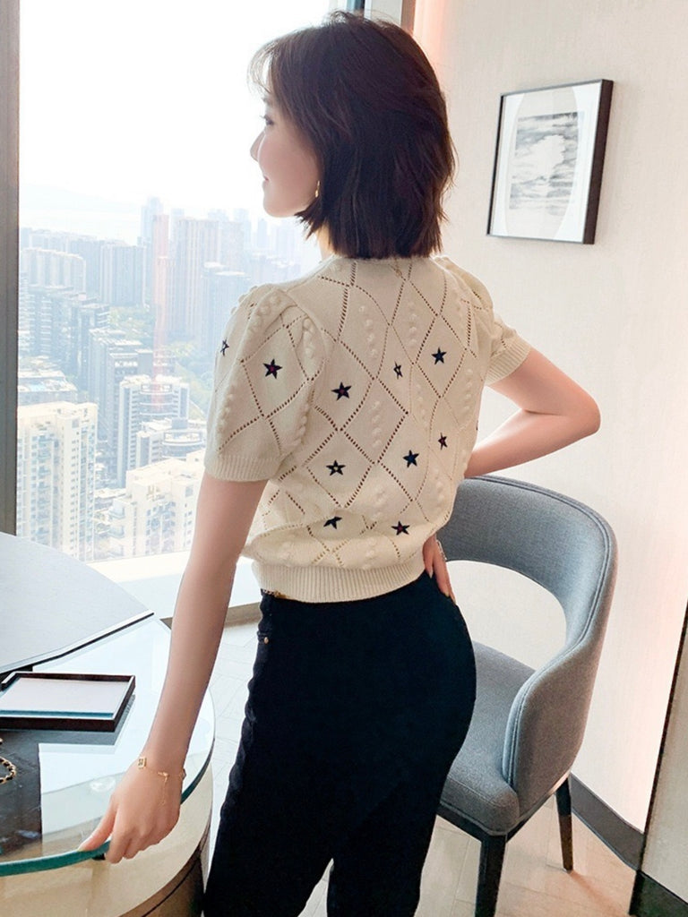 Embroidery Star Embossed Pattern Knitted Oversize Top