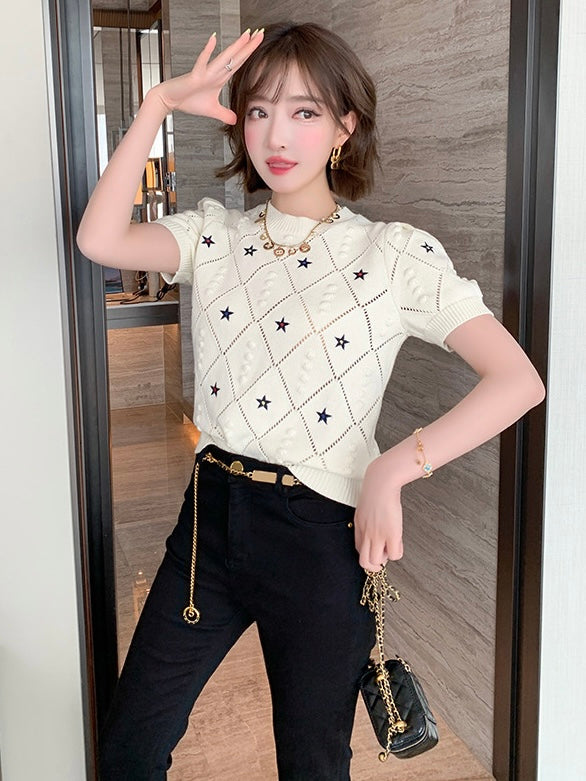 Embroidery Star Embossed Pattern Knitted Oversize Top