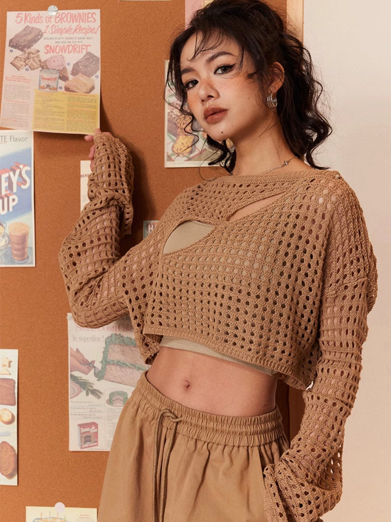 Cut-out Hollow-out Long Sleeve Cover-up Knitted Crop Top