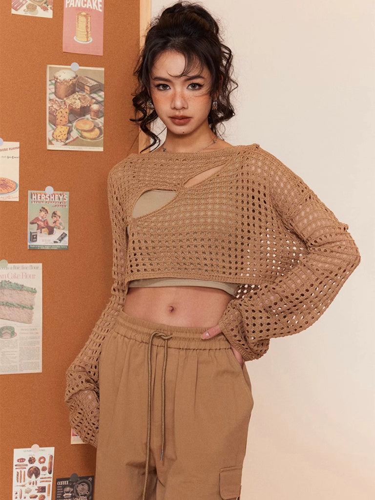 Cut-out Hollow-out Long Sleeve Cover-up Knitted Crop Top