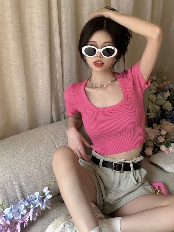 Square Neck Ribbed Knitted Crop Top