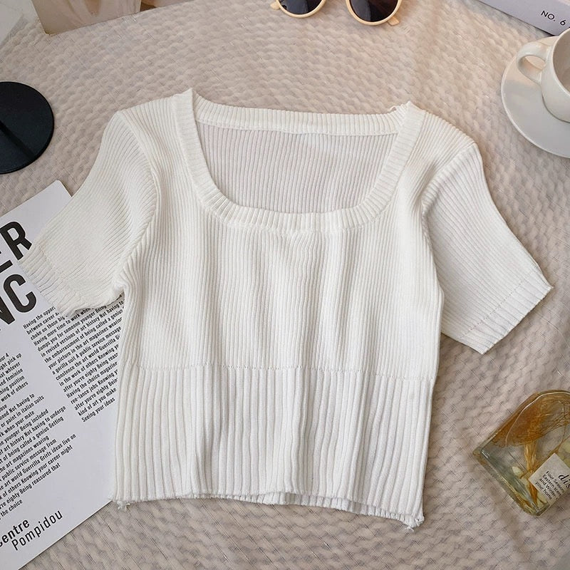 Square Neck Ribbed Knitted Crop Top