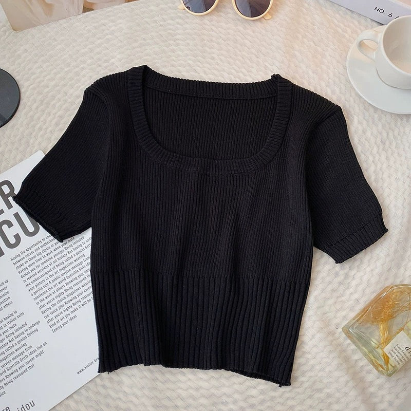 Square Neck Ribbed Knitted Crop Top